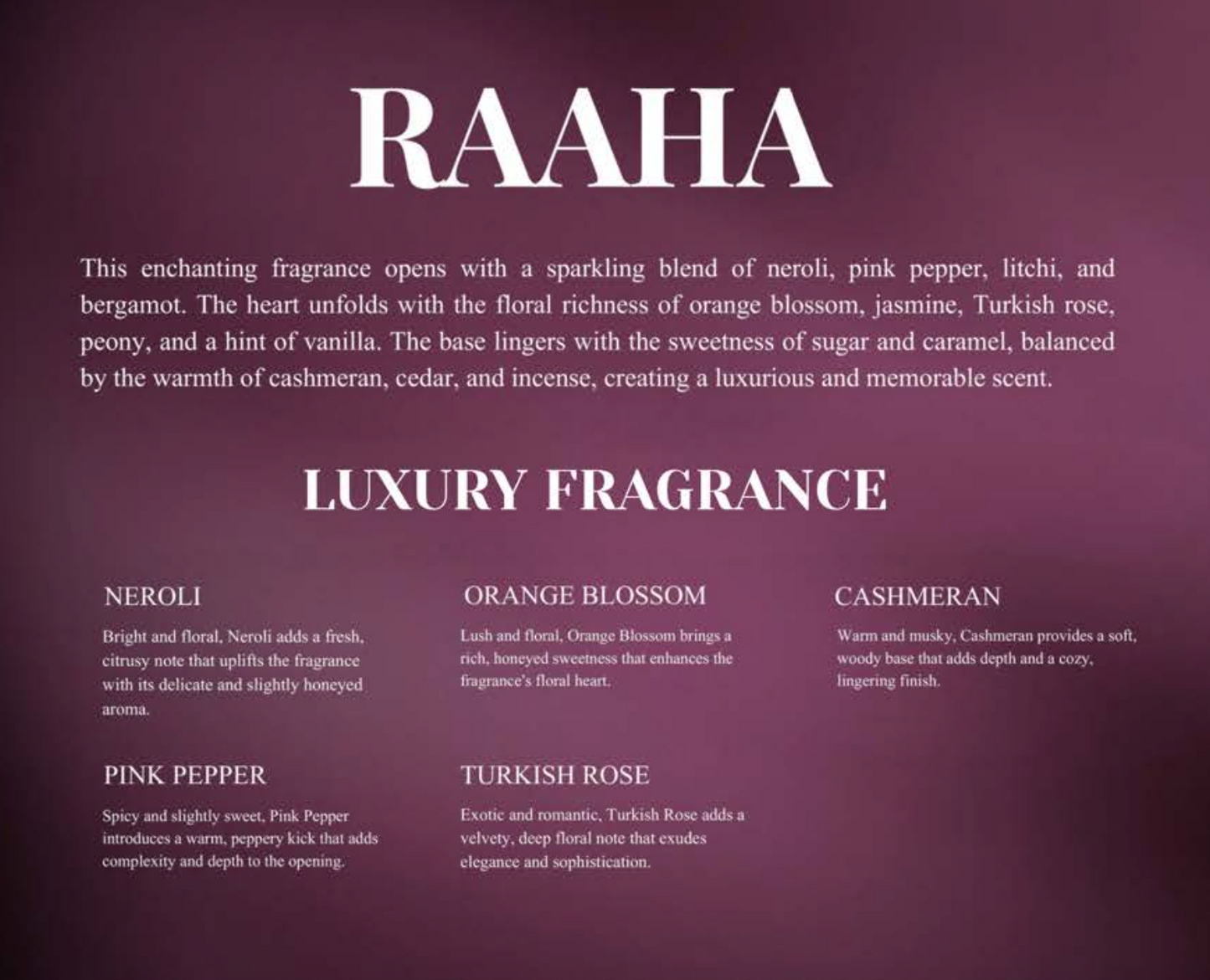 Raaha Extrait de Parfum notes - luxury fragrance by L'Haya
